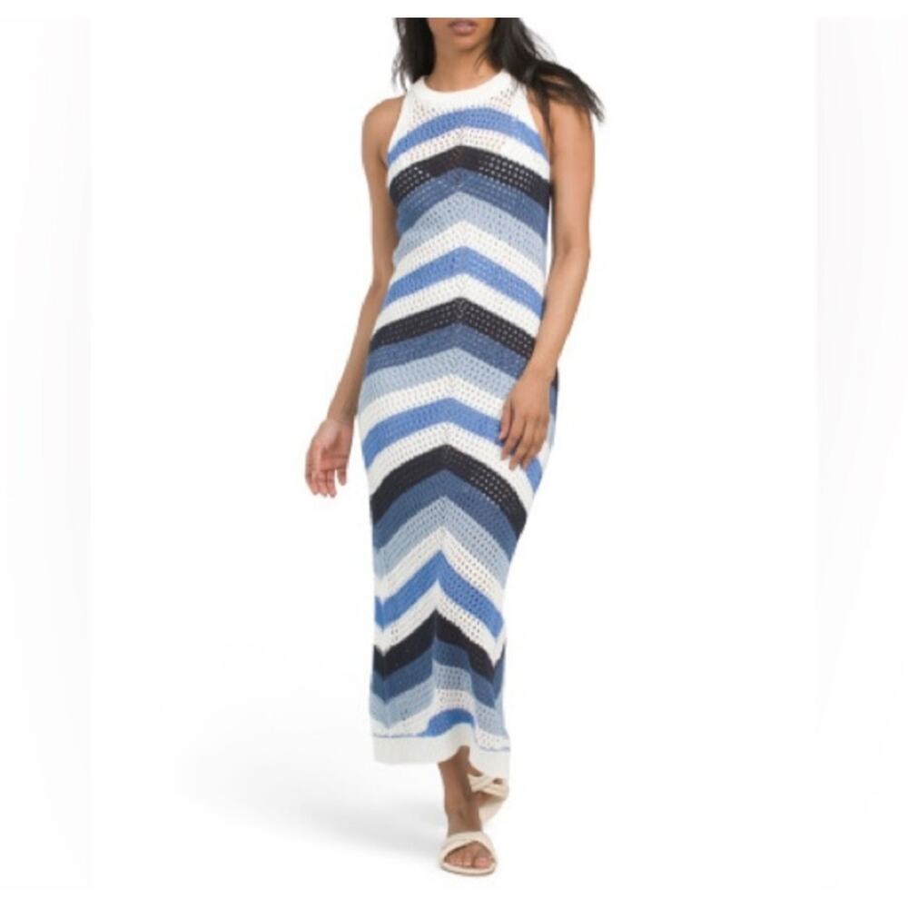 Young Fabulous and Broke Midi Dress Crochet Blue White Stripe Sleeveless Knit XS